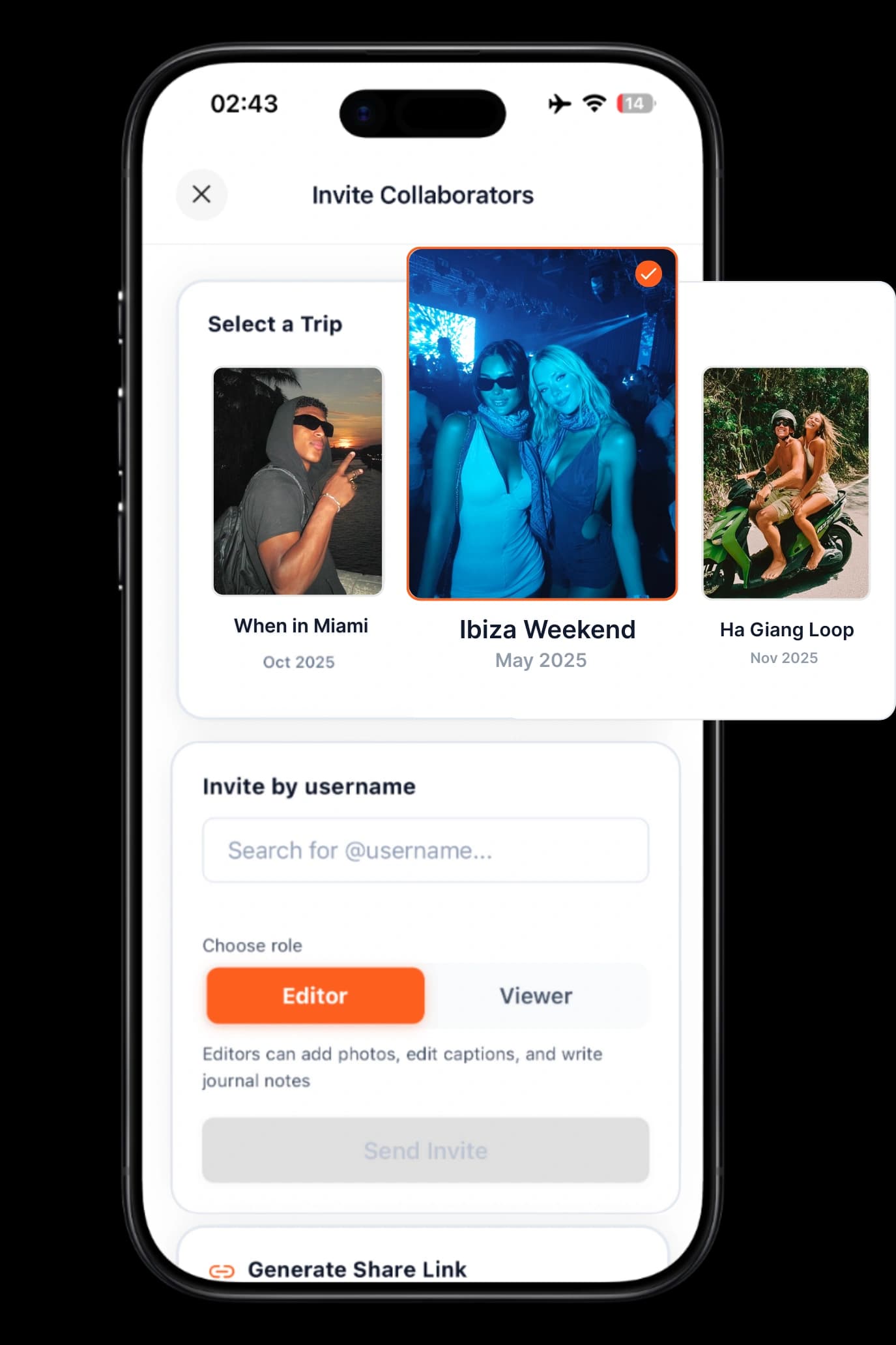 Solo TripBook invite and trusted sharing UI
