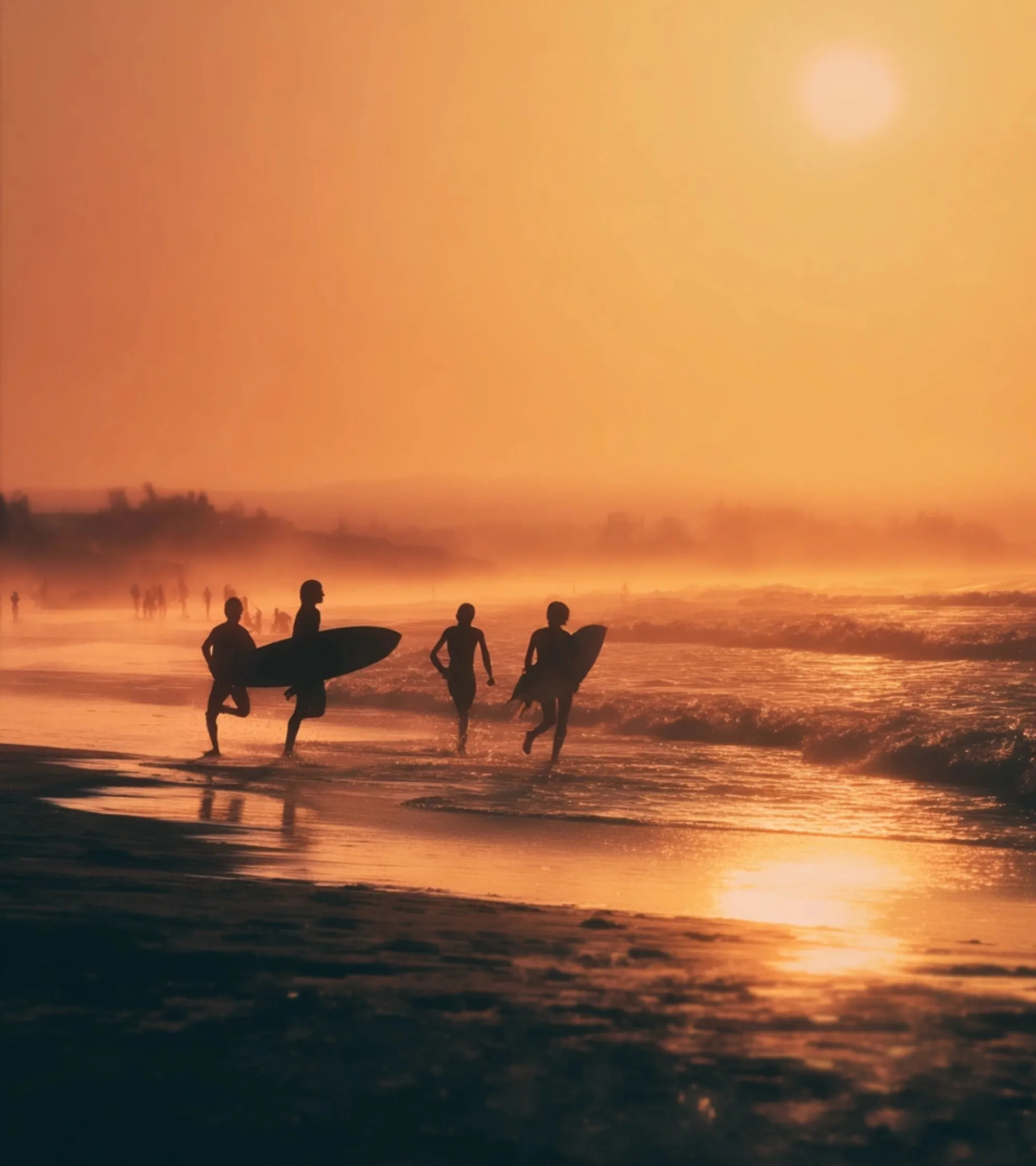 Surfers at golden hour beach