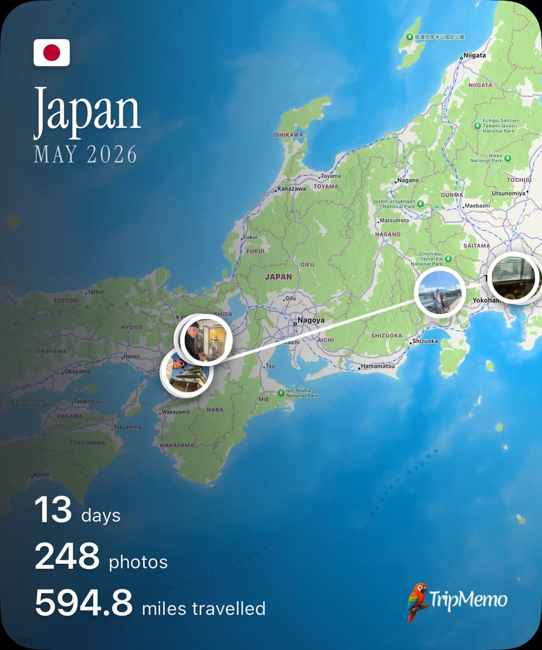 Shareable Japan TripMap showing the group's route, photos and days